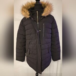 Swiss Tech Women's Bibbed Solarball Puffer Coat W/ Faux Fur Trimmed Hood XL